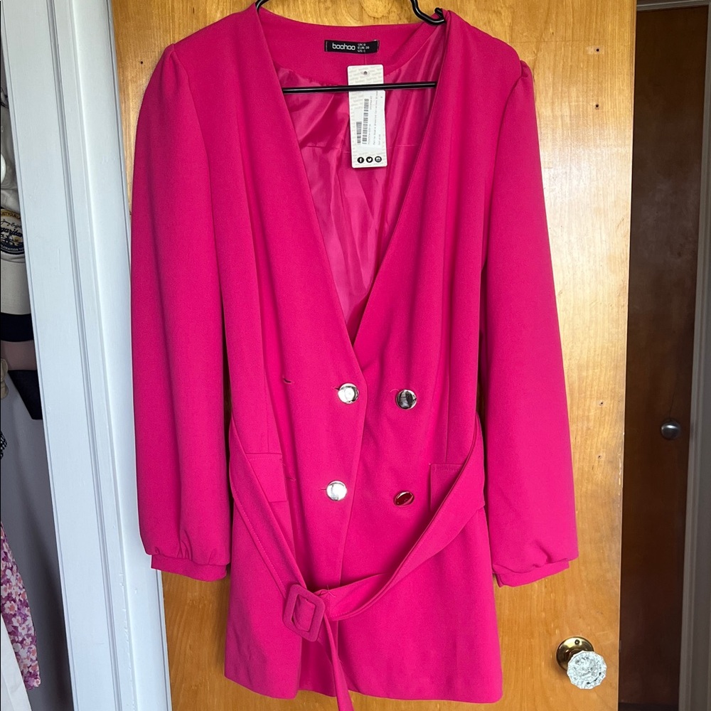 Boohoo Hot Pink Double-Breasted Belted Blazer